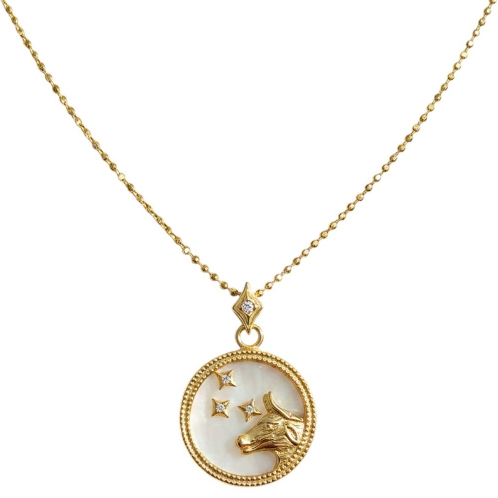 Mayamar Taurus Zodiac Necklace 24 K Gold Plated Mother of Pearl Celestial Star